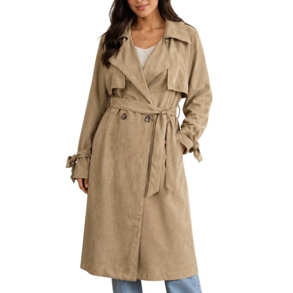 boohoo Tan Faux Suede Trench Coat M NWT Oversized Belted Minimalist